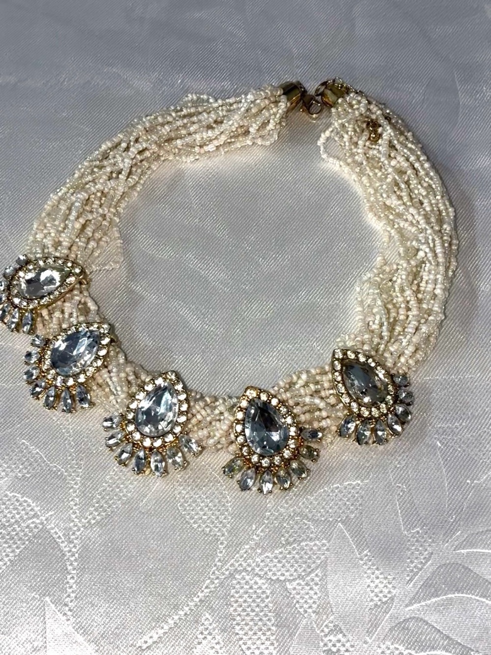 Elegant Ivory Beaded Necklace with Clear Crystal Accents